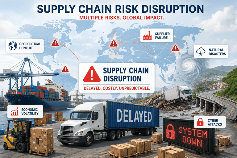 AI generated illustration of supply chain risk disruption showing broken links across a global logistics network.