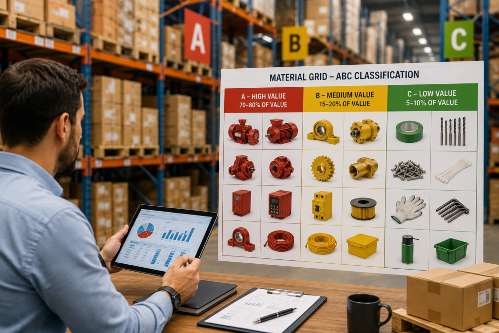 ABC inventory analysis chart showing A, B, and C inventory categories in a warehouse operation