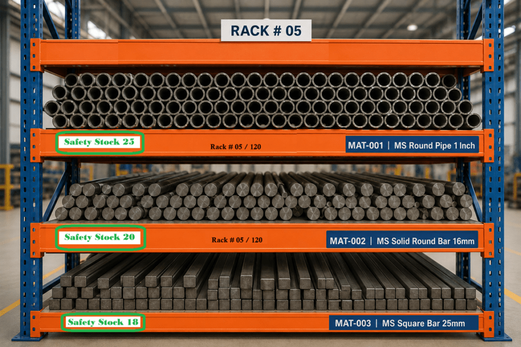 Warehouse inventory shelves showing safety stock buffer levels for Pakistani SME operations.