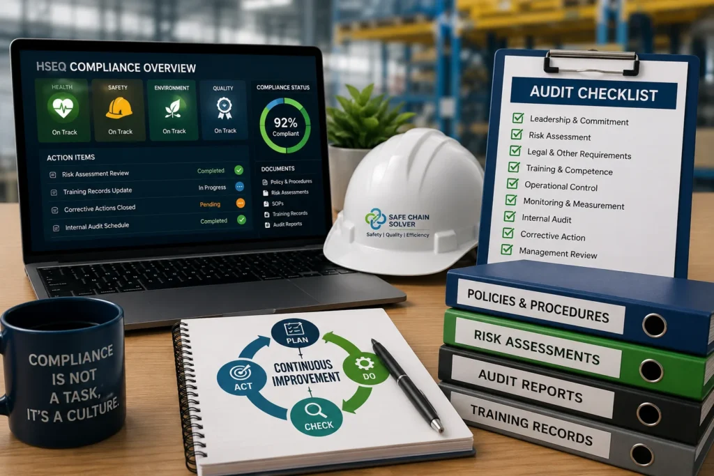 HSEQ Audit Readiness checklist for SMEs showing compliance documentation, ISO standards, safety inspections, and quality management.