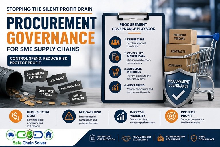 Procurement Governance playbook for SMEs showing four steps to control purchasing spend, reduce risk, improve visibility, and protect profit
