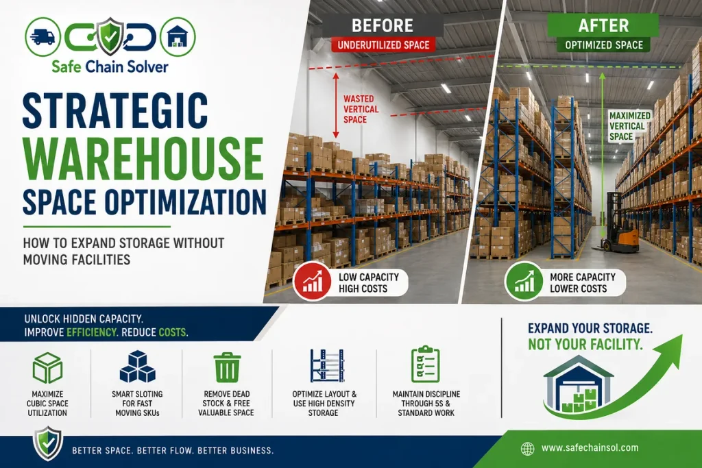Before and after comparison of warehouse space optimization showing underutilized vertical space versus maximized high-density racking storage by Safe Chain Solver.
