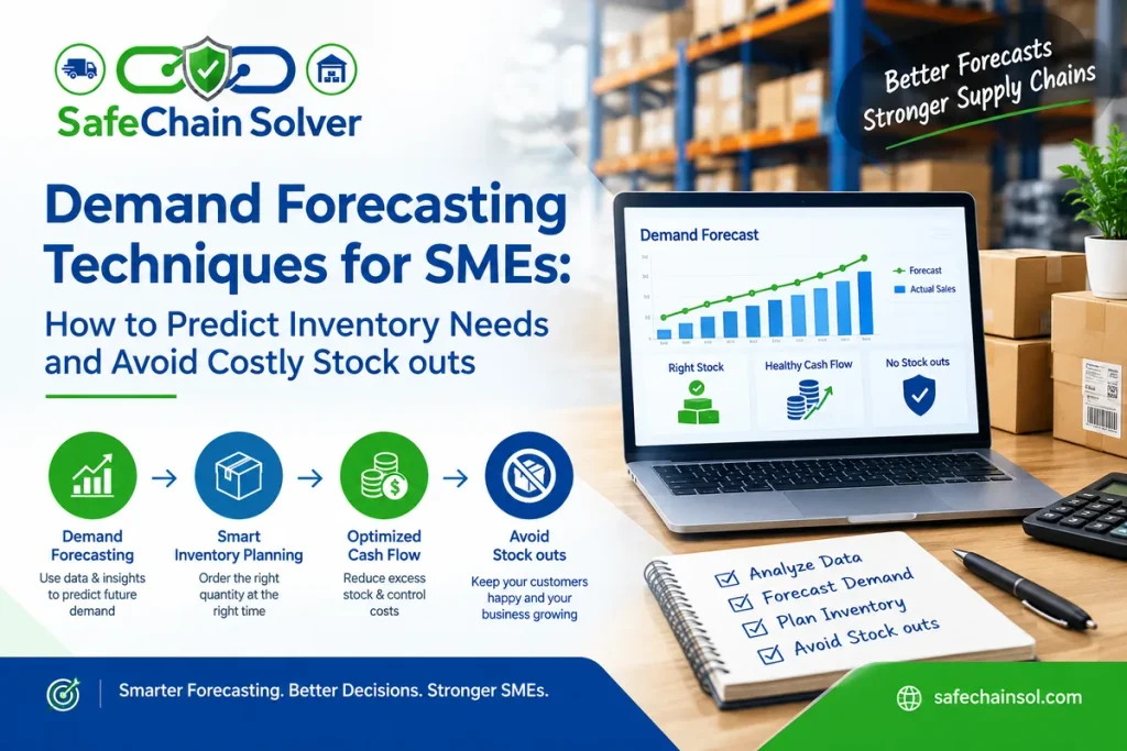 Demand forecasting techniques for SMEs infographic by Safe Chain Solver.